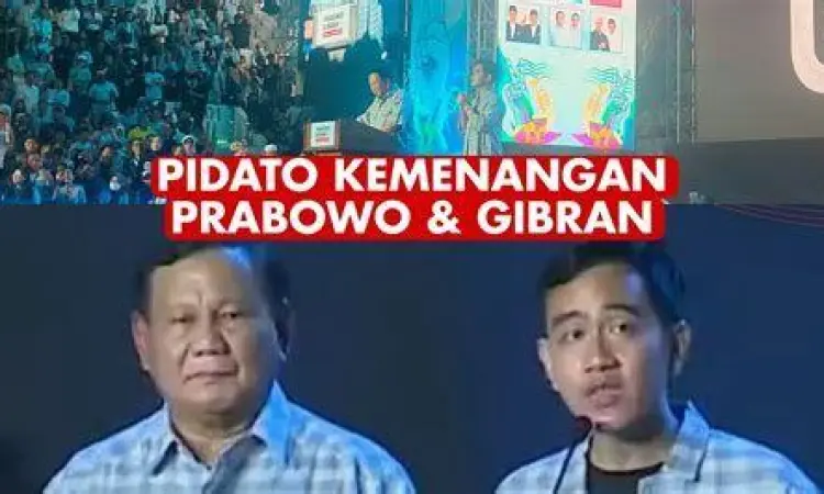 Prabowo Subianto dan Gibran Rakabuming Raka memberikan pidato di atas panggung