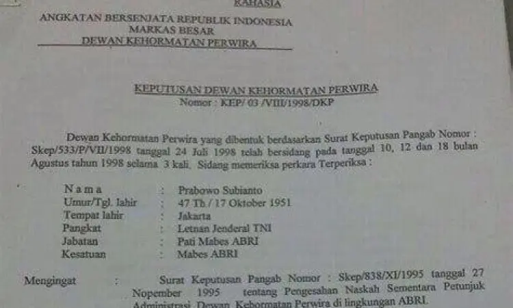Dokumen DKP 1998 terkait pemberhentian Prabowo